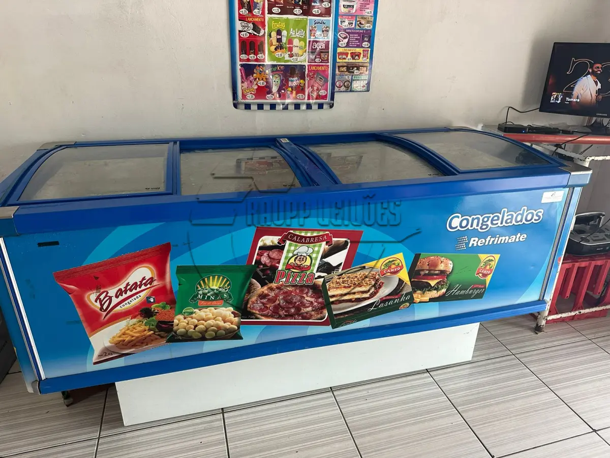 LOTE 021 - 02ª DATA | Um balcão refrigerado de carne | Uma ilha de congelados | Três prateleiras