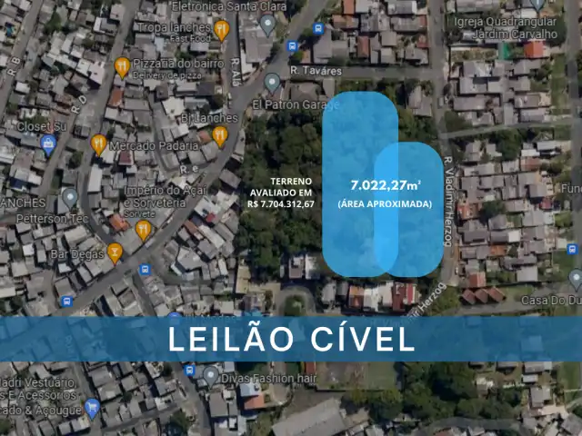 LEILÃO JUDICIAL - Um terreno, com 7.022,27m² e benfeitorias, em Porto Alegre - Bairro Jardim Carvalho